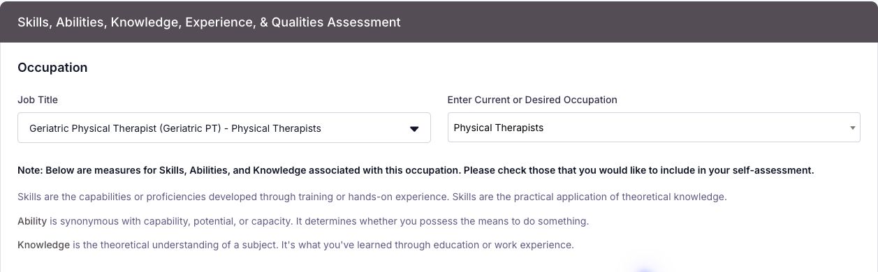 My Career Path occupation setup connecting Physical Therapists to knowledge, skills and abilities