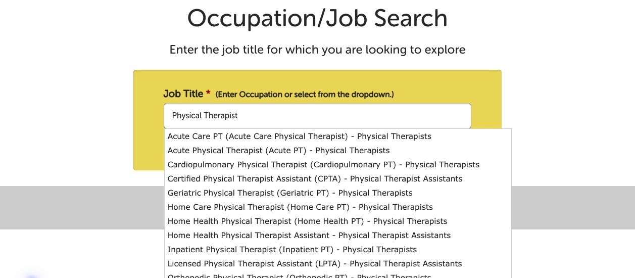 Occupation Search showing a job-title search for Physical and matching occupation suggestions